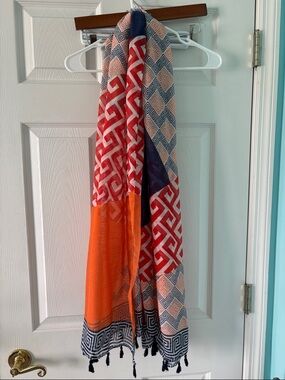 Geometric Print Lightweight Scarf in Orange, Red & Navy